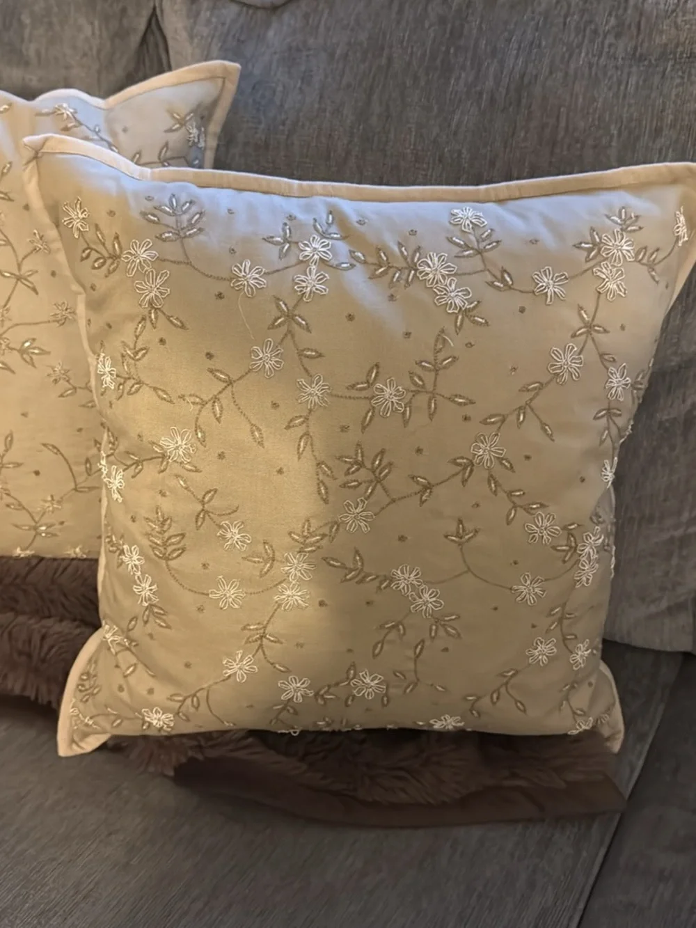 Pottery Barn Embroidered Floral Accent Pillow Pair in Tan